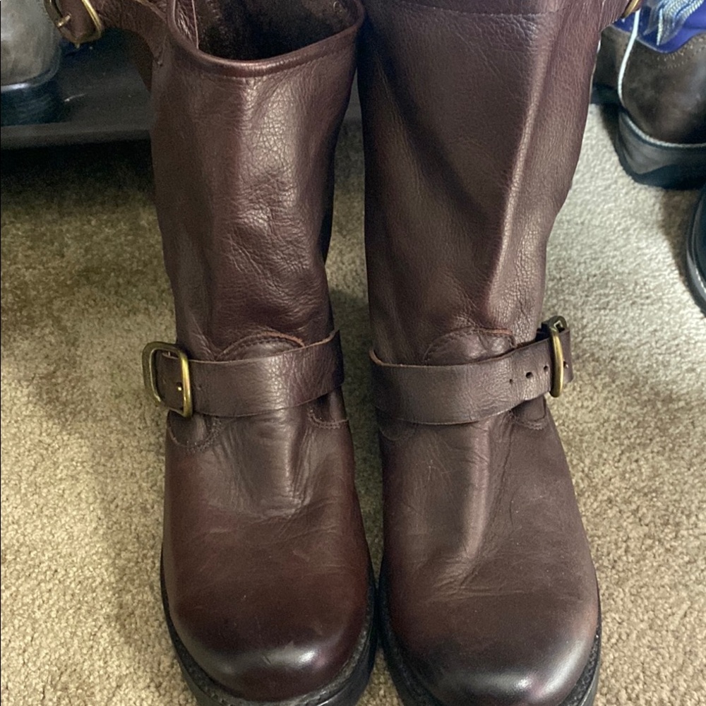 Frye Veronica Brown Leather Buckle Boots